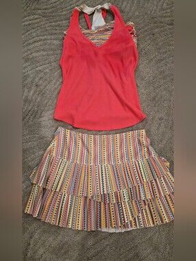 Lucky in Love 2 Piece Coral Athletic Tennis Set. Shirt And Skirt- Size Medium